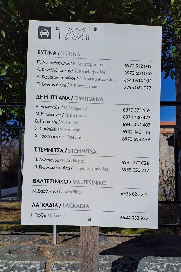 Taxi numbers for Menbalon Trail in the Peloponnese.