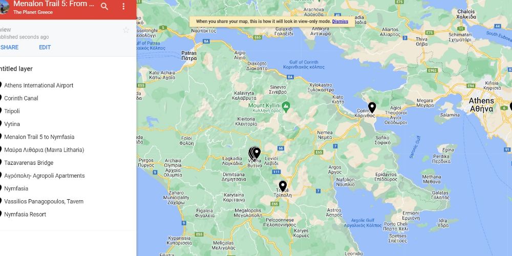 Menalon Trail 5 in Peloponnese Greece Google map.