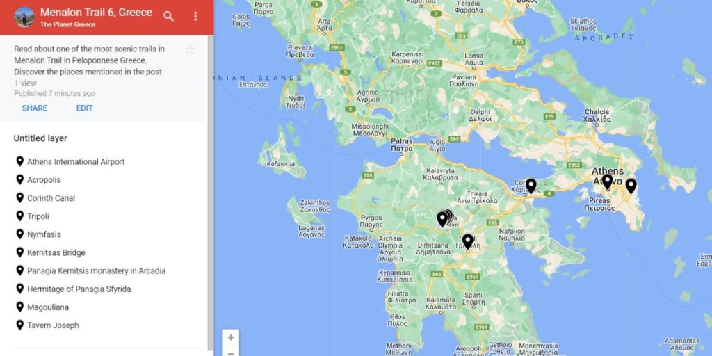 Menalon Trail 6 in the Peloponnese Google Map