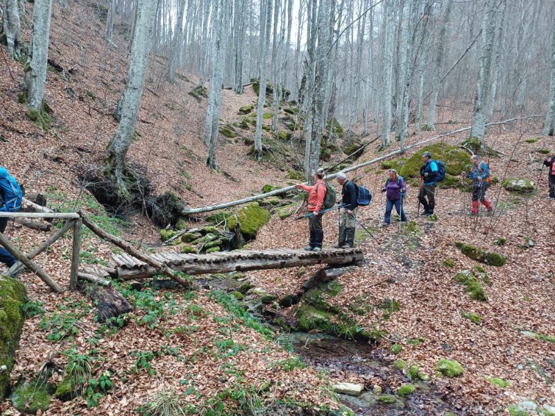 Hikers crossing a wooden bridge over a river iA dirt road on a hike in Paiko mountain northern Greece.