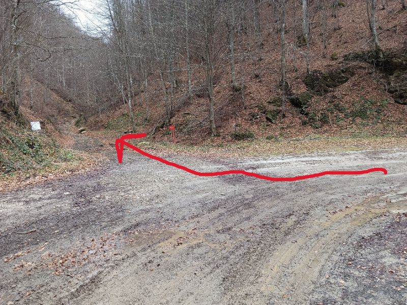 A red arrow indicatiing a dirt road on a hike in Paiko mountain northern Greece.
