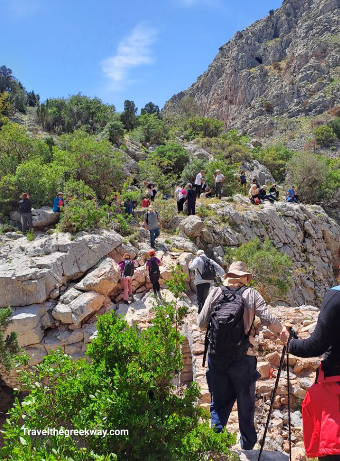 Hikers on a rocky trail surrounded by greenery and steep mountains under a clear blue sky.