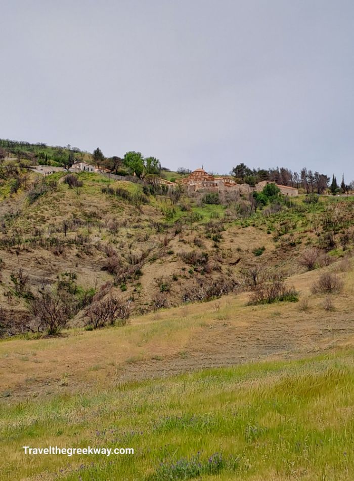 Distant view of a hillside with a Byzantine monastery and surrounding greenery under a cloudy sky.
