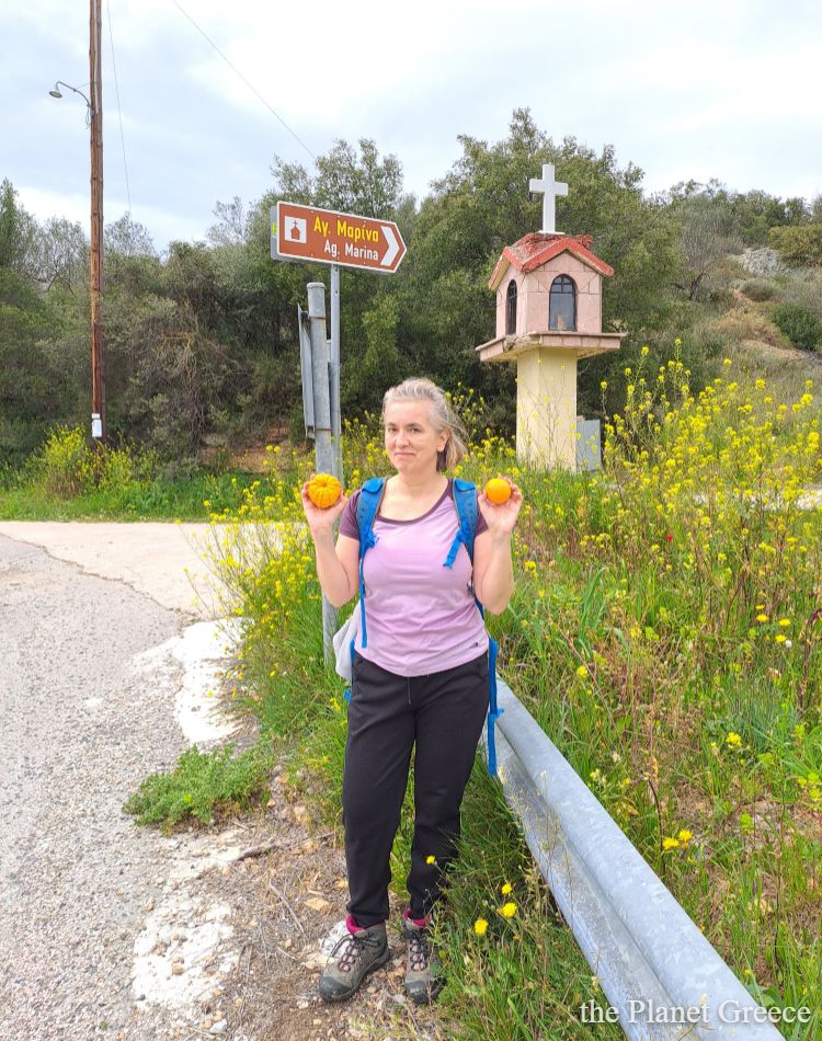 A woman in hiking gear holding two oranges, standing next to a road sign and a small roadside shrine in Greece.