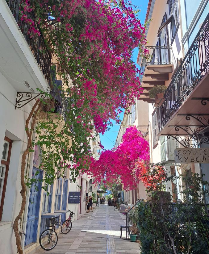 Nafplion alley with purple bougainvilleasand colorful balconies. 