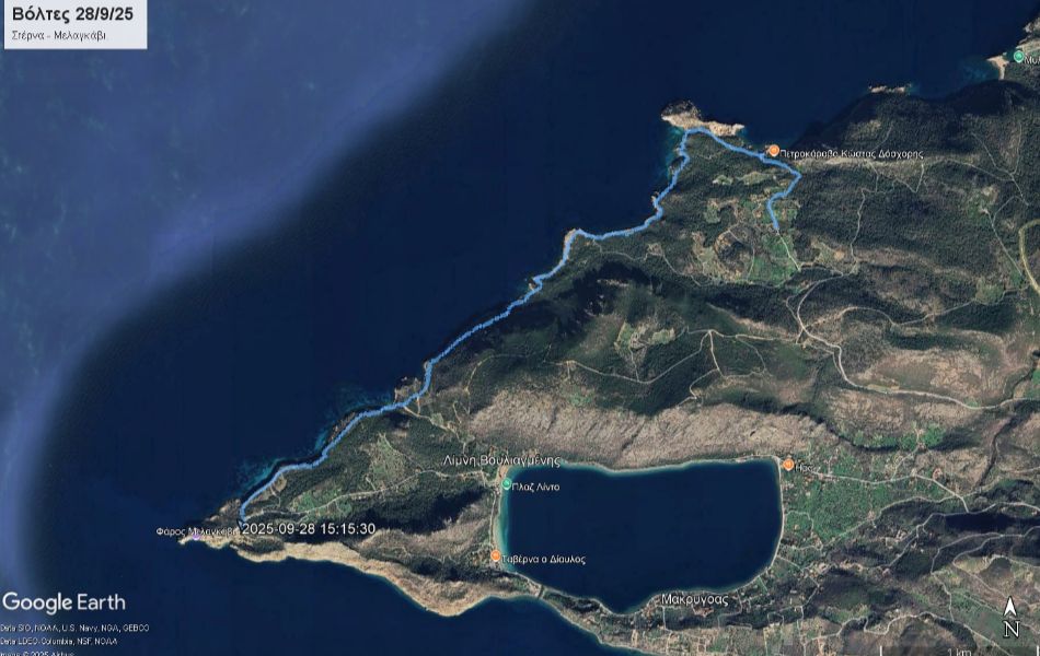 Map of the hiking route from Sterna to Melagkavi Lighthouse in Loutraki Greece.